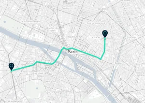Plan du centre de Paris. on y voit un itineraire.
