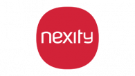 Logo nexity. Le texte de couleur blanc, le rond qui intégré rouge