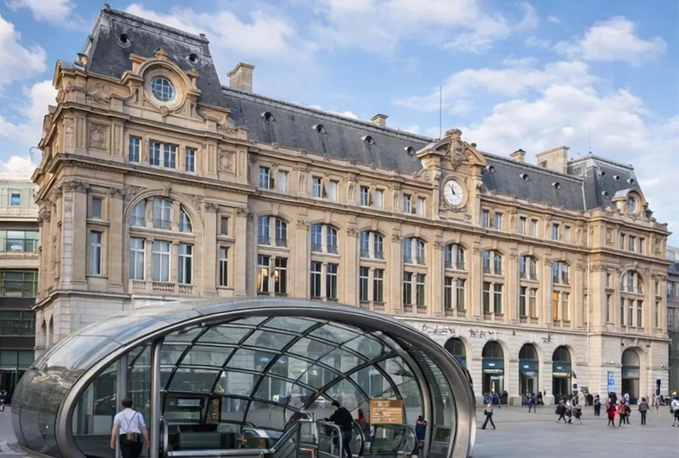 Gare Saint-Lazare à Paris avec son architecture haussmannienne et l’entrée moderne du métro en premier plan