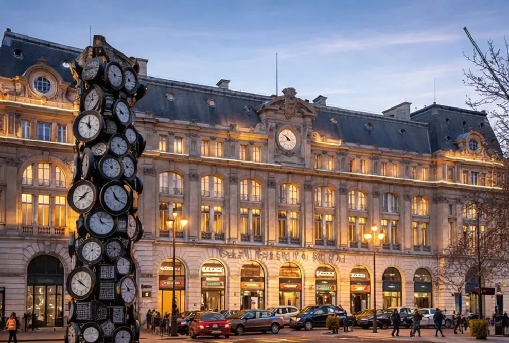 Sculpture des horloges devant la gare Saint-Lazare à Paris, façade historique et animation urbaine