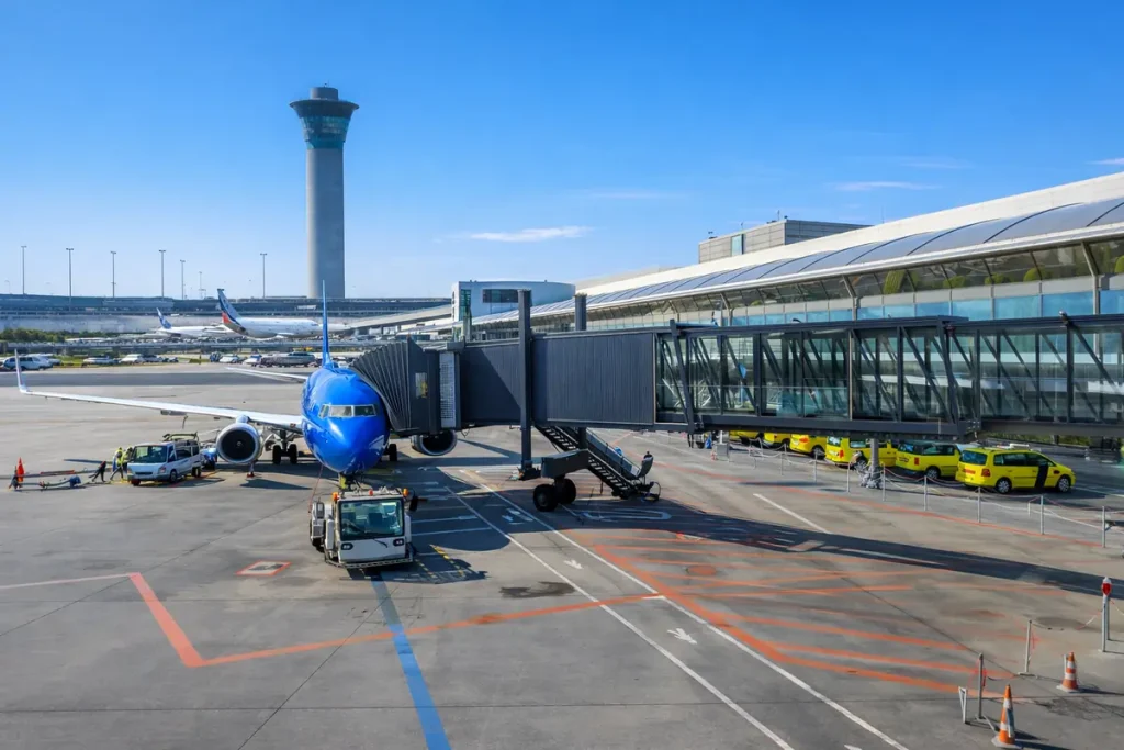 Avion bleu à l’aéroport Roissy Charles de Gaulle, point de prise en charge taxi moto pour trajets professionnels vers Paris
