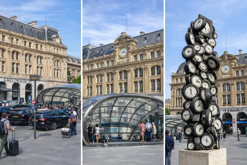 Triptyque de la gare Saint-Lazare à Paris montrant la façade haussmannienne, l’entrée de métro et la sculpture des horloges